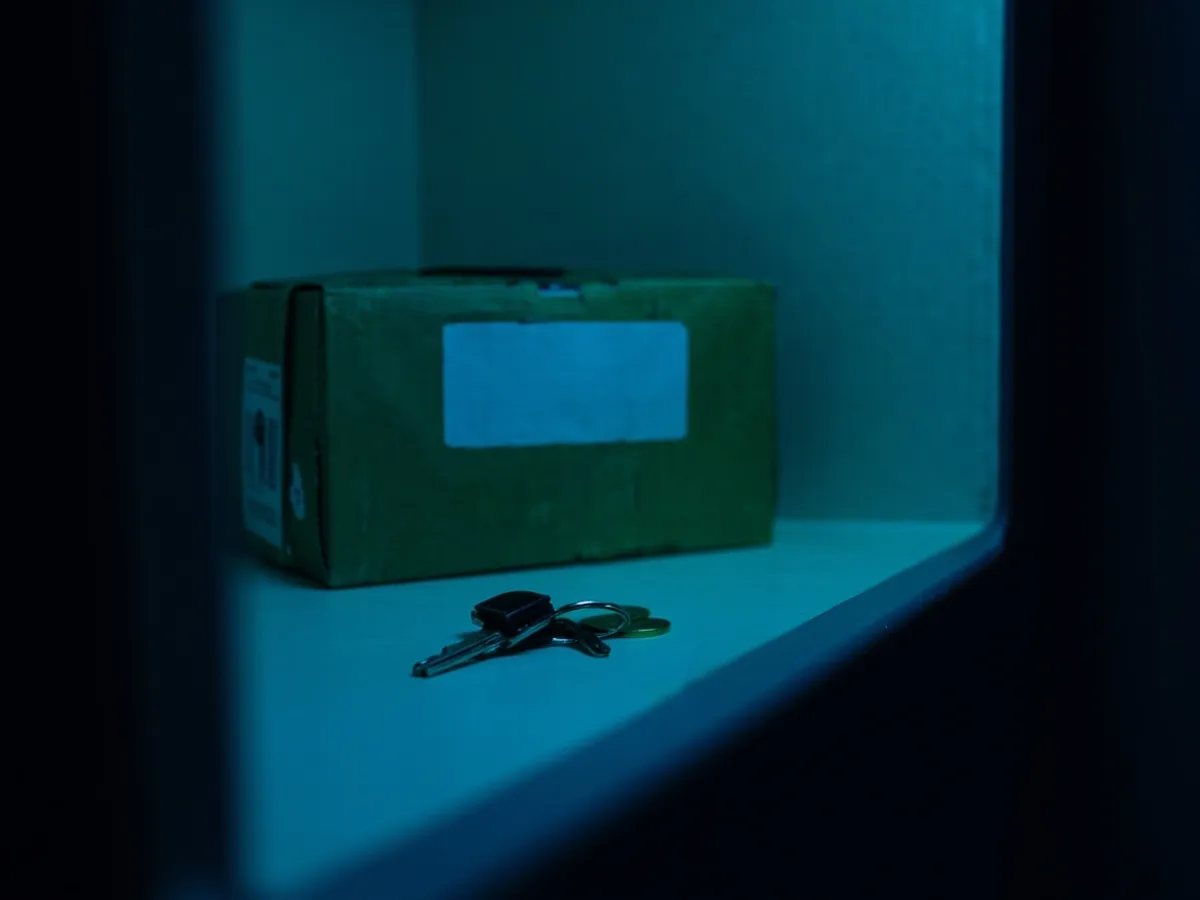 Cardboard parcel with shipping label, keys and coins on a shelf