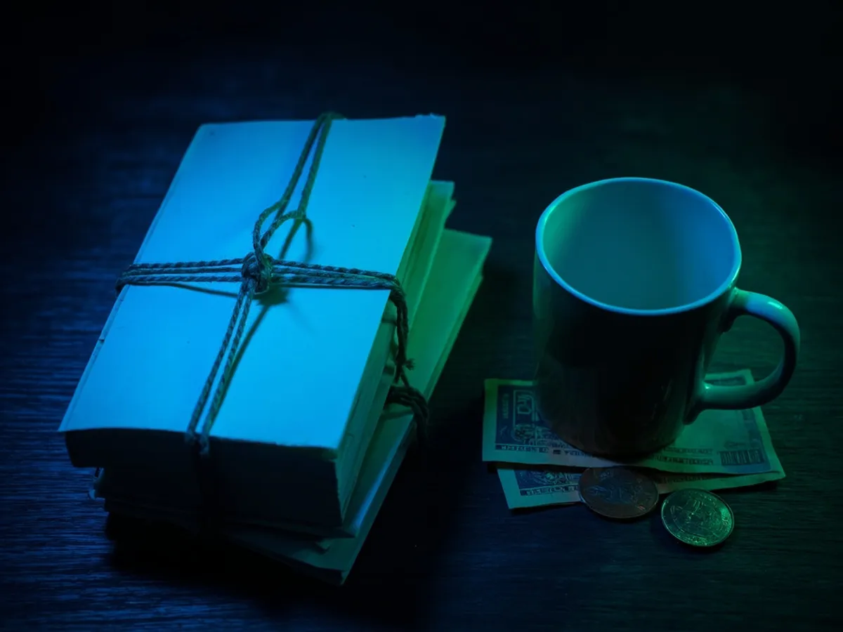 Two used books and a mug bundled with twine next to złoty coins and a banknote