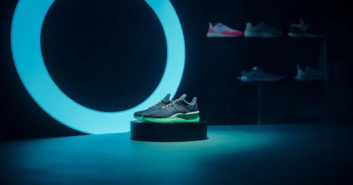 Premium sneakers highlighted on an illuminated pedestal in a retail display