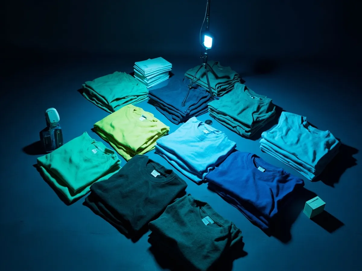 Grid of folded T-shirts and sweaters on a dark floor backdrop with blank tags in the corner