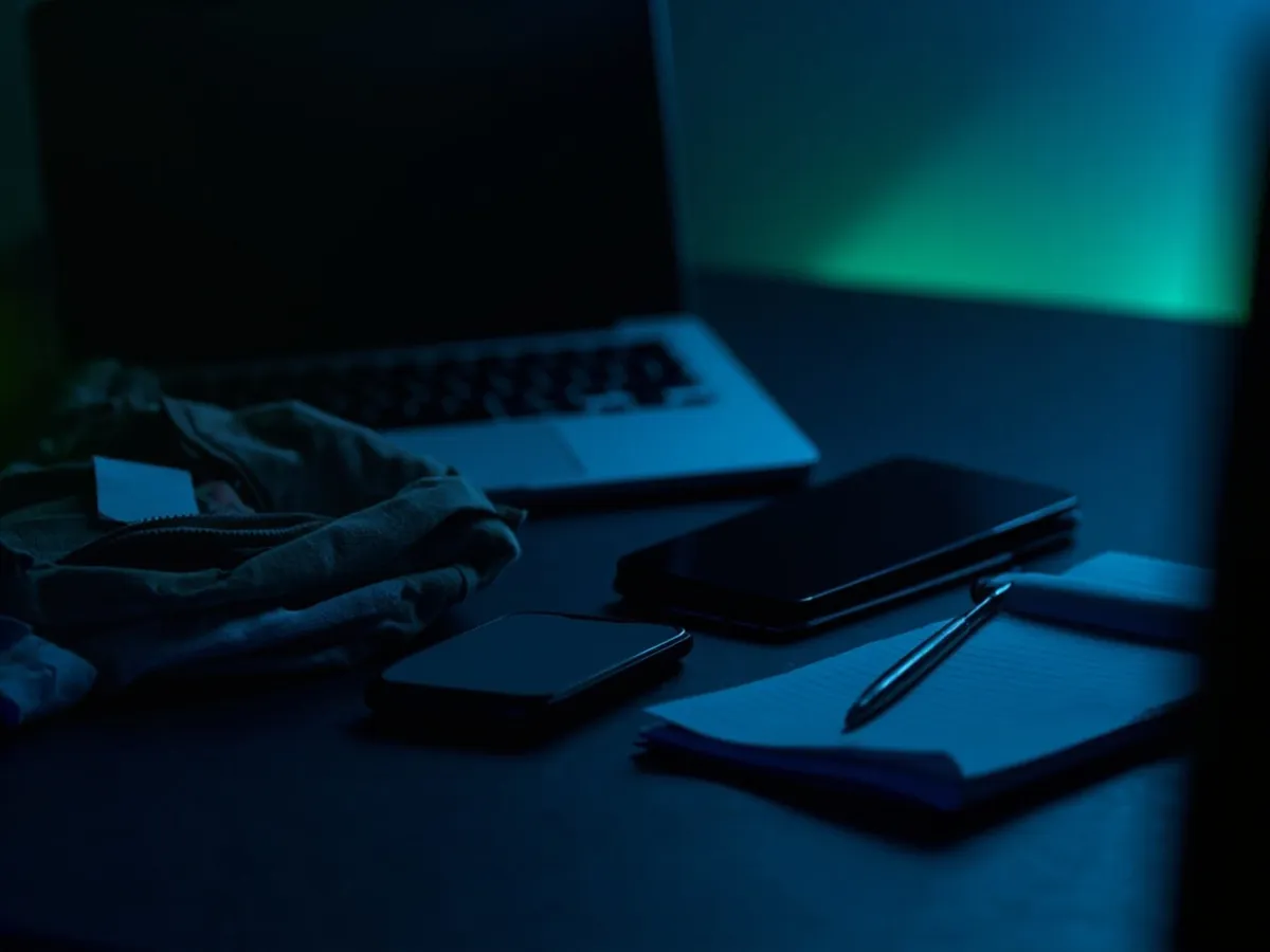 Laptop and two smartphones for crosslisting, with a folded jacket and notebook