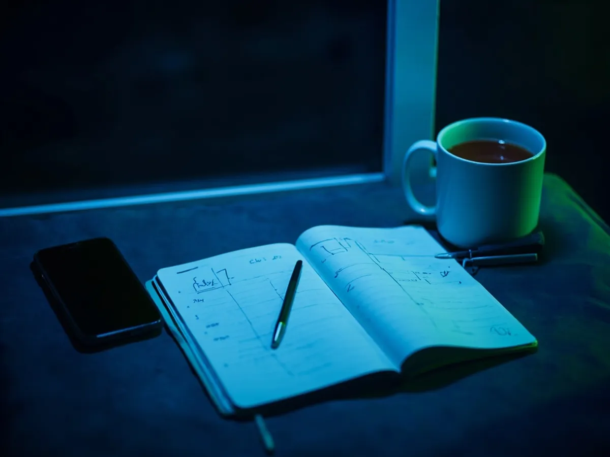 A notebook with a tally grid for counting listings on a desk
