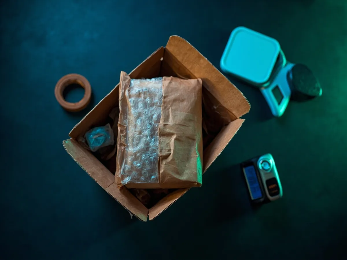 Book wrapped in kraft paper inside cardboard box with scale and tape nearby