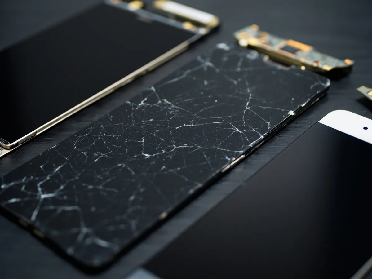 Cracked phone screen next to replacement screen and repair tools