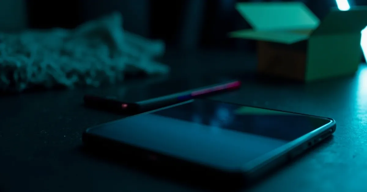 Two smartphones on a dark desk, one showing a messaging app with chat bubbles, a parcel box beside them