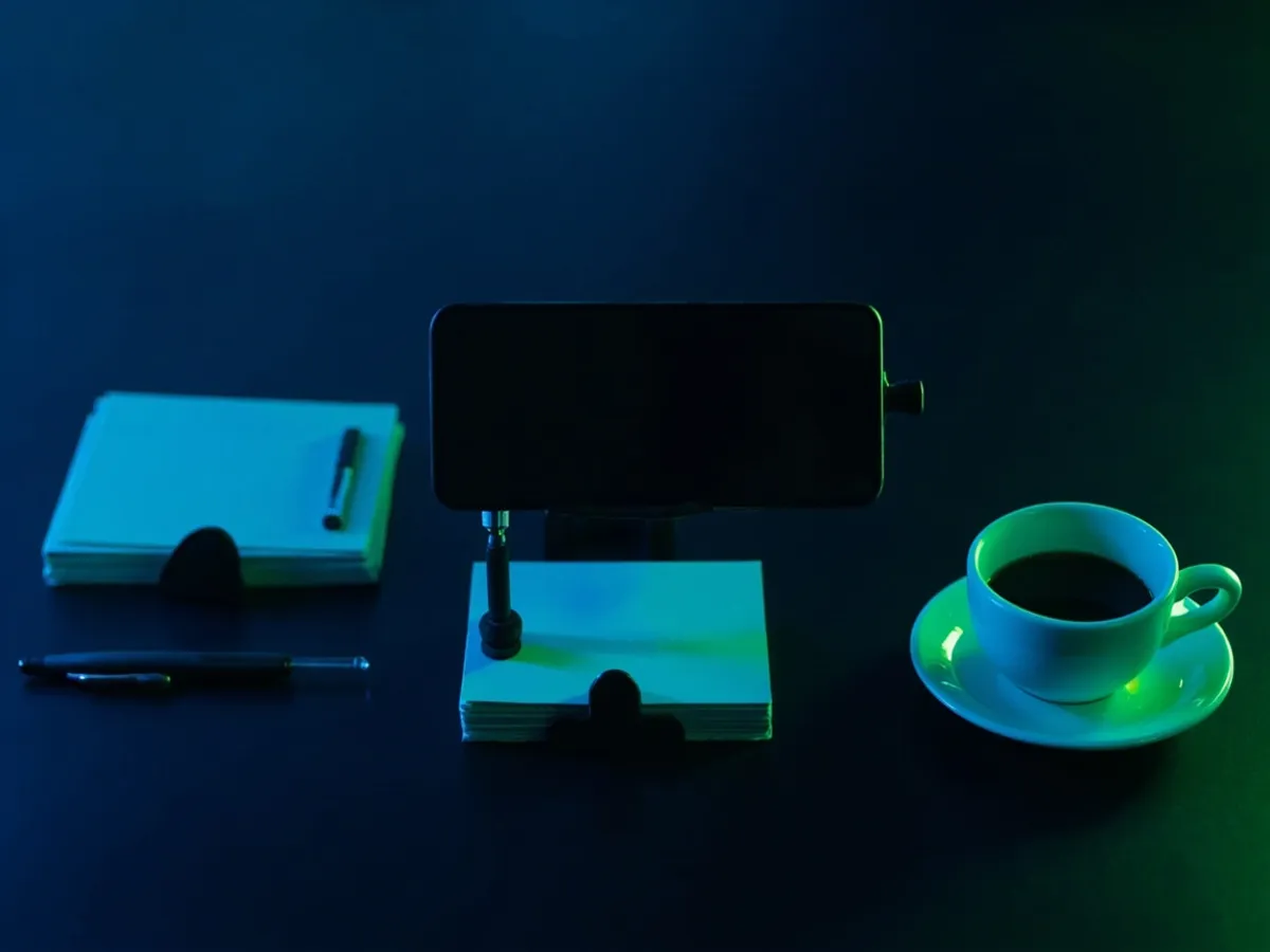 A smartphone in a stand with blank index cards and a pen for saving message templates