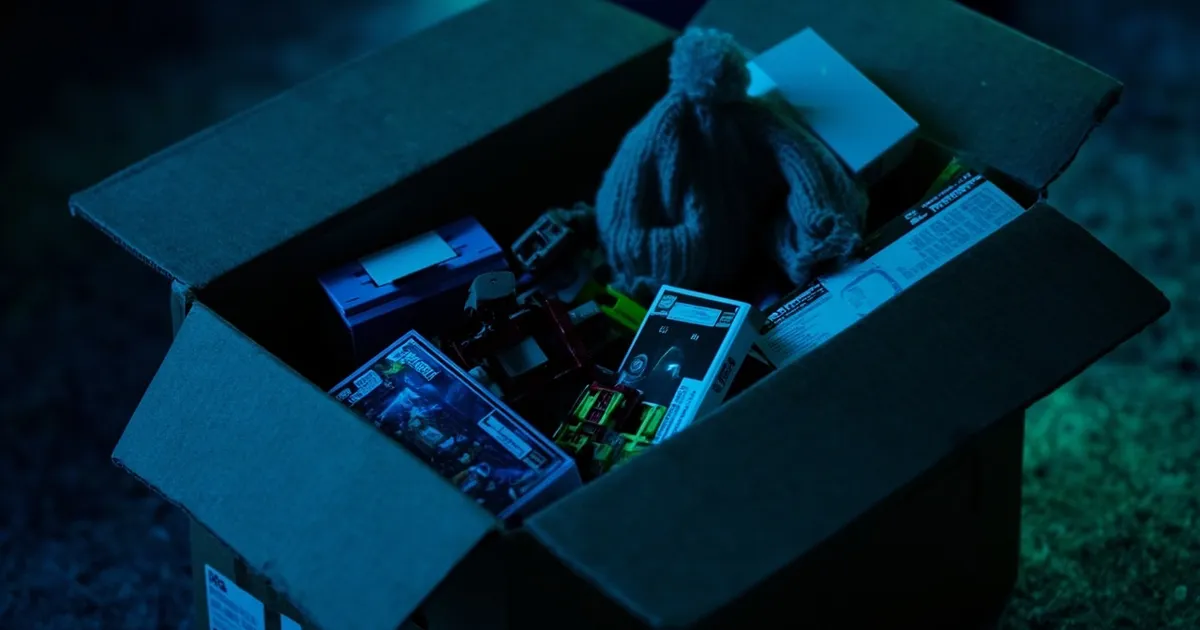 Open cardboard box of mixed toy and game lot items on a living room floor