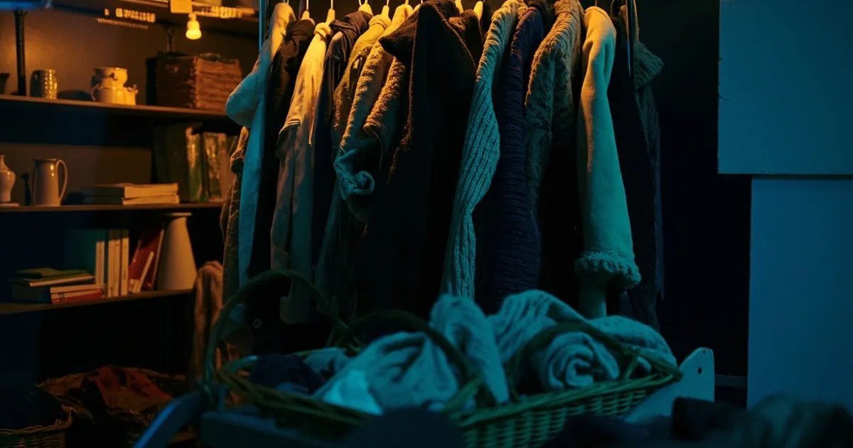 Charity shop rail with coats and a shelf of homeware