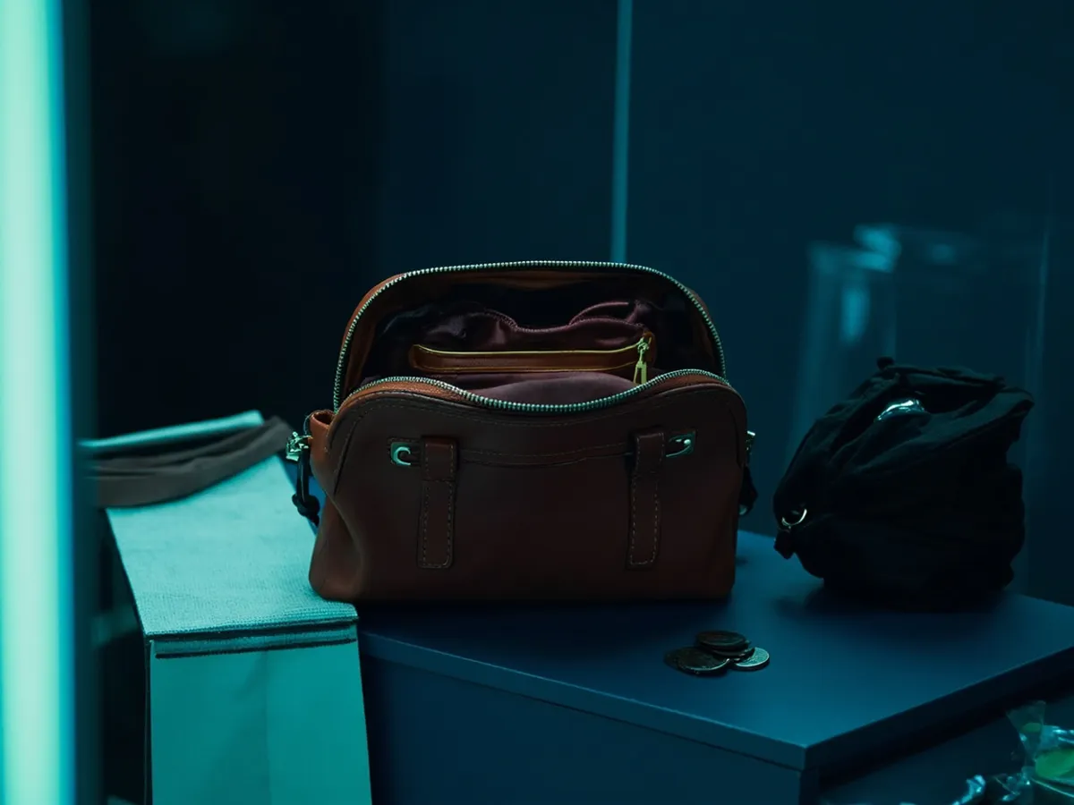 Checking the lining and zip of a second-hand handbag