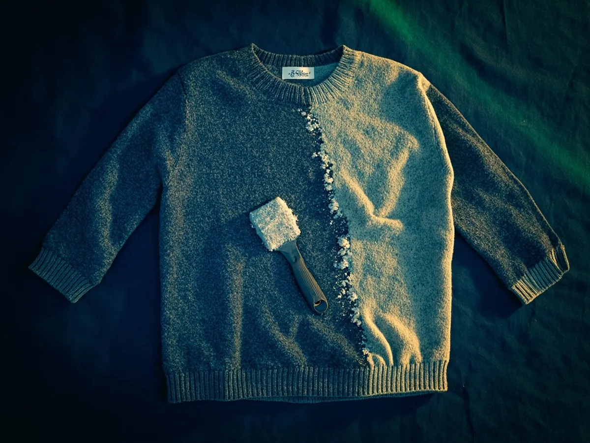 A grey wool sweater, half with pills and half smoothly de-pilled, with a fabric shaver