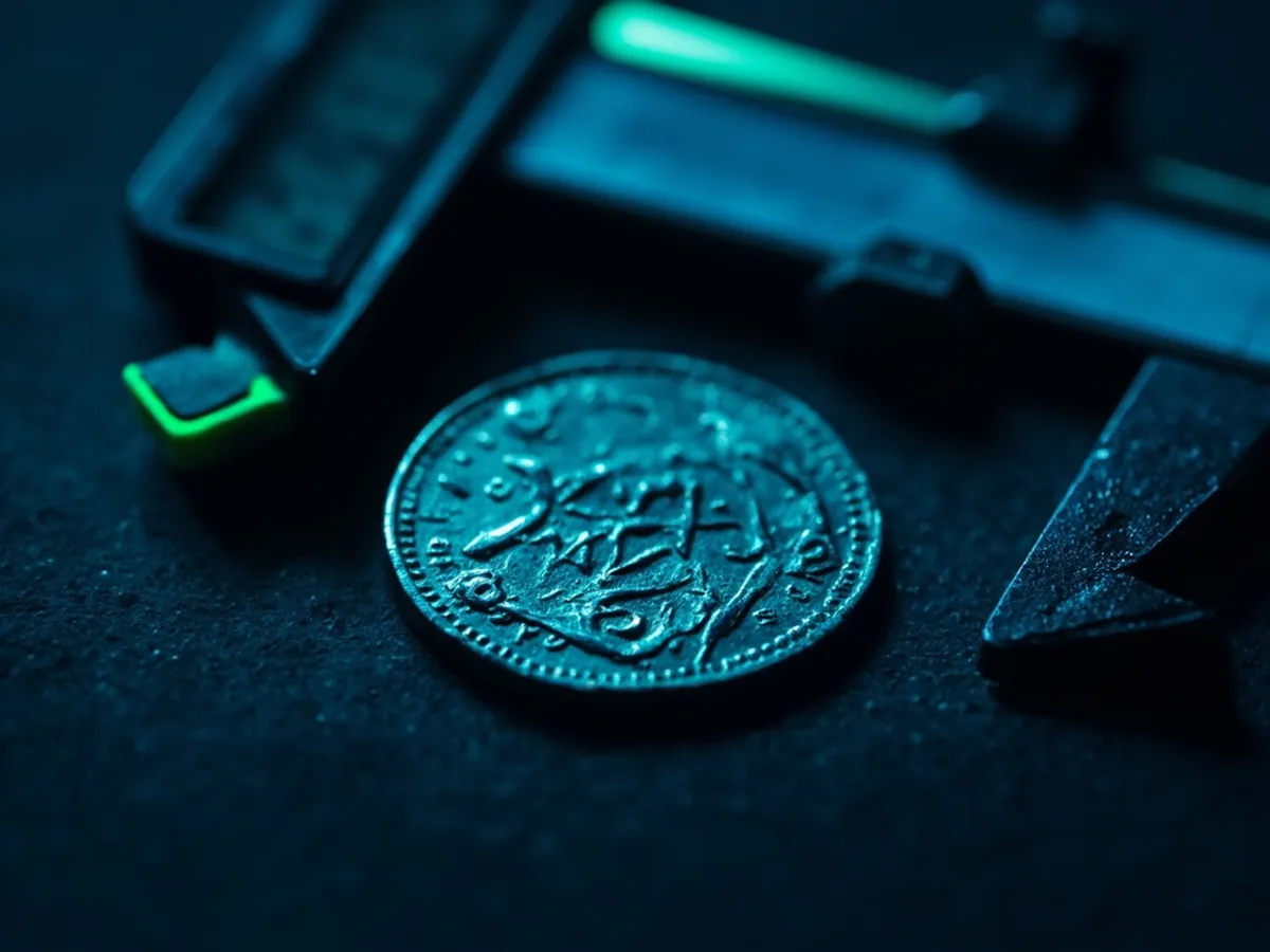 Old silver coin on a dark mat being measured with a digital caliper next to a precision scale