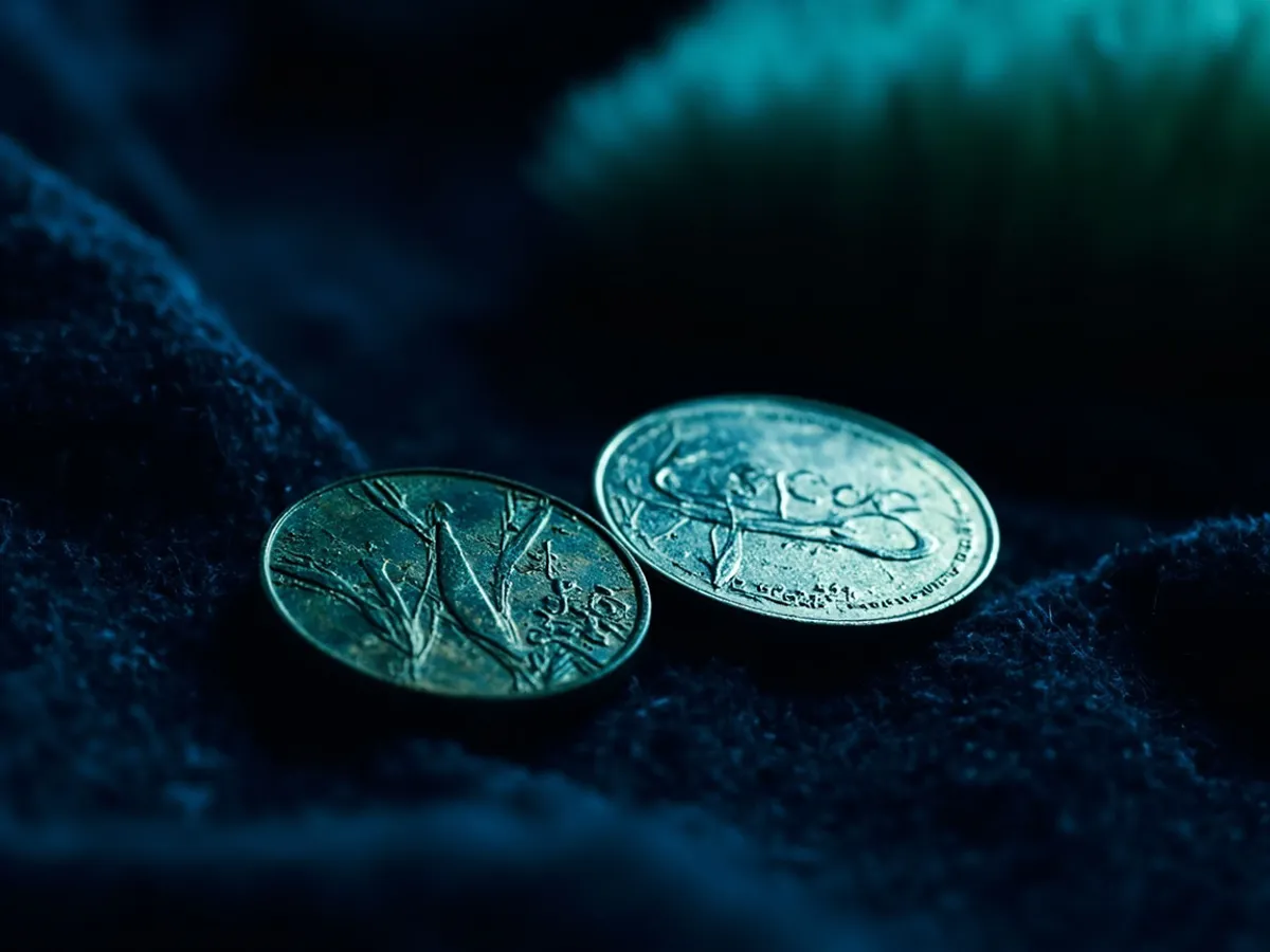 Two old coins: one with natural dark toning and one unnaturally shiny with scratch marks, unused soft brush beside them