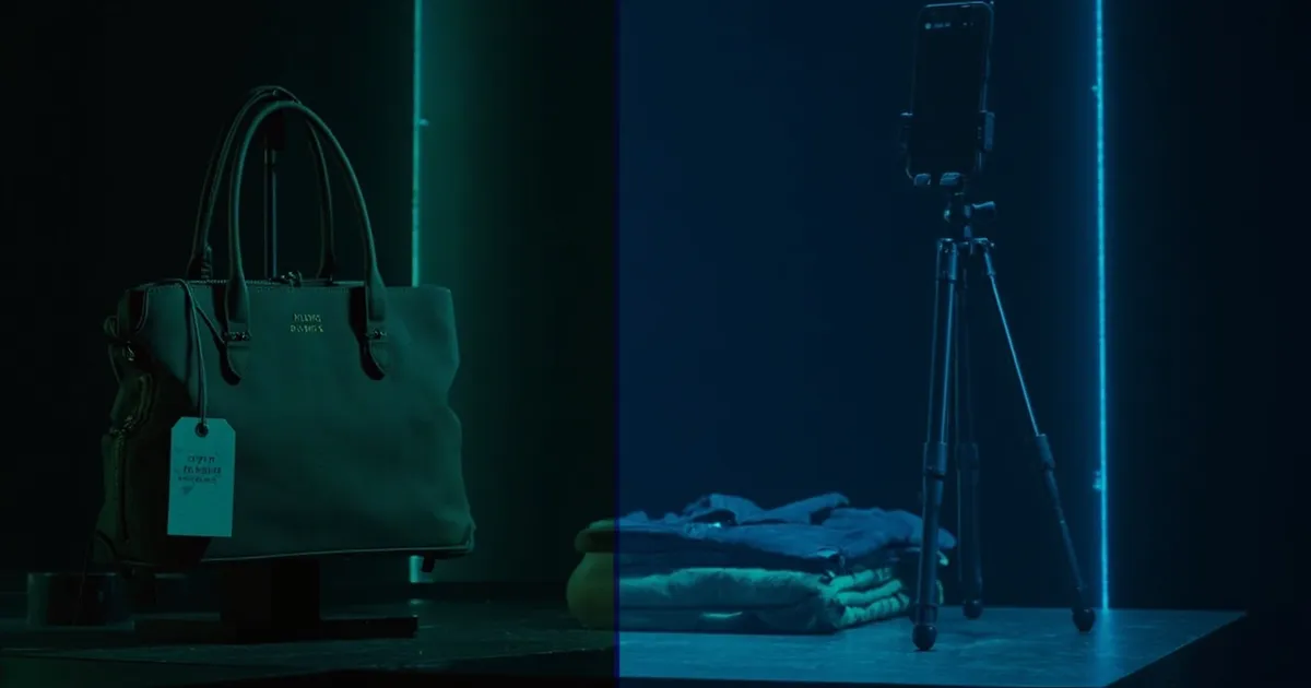 Consigned handbag in a shop next to a home listing setup with smartphone