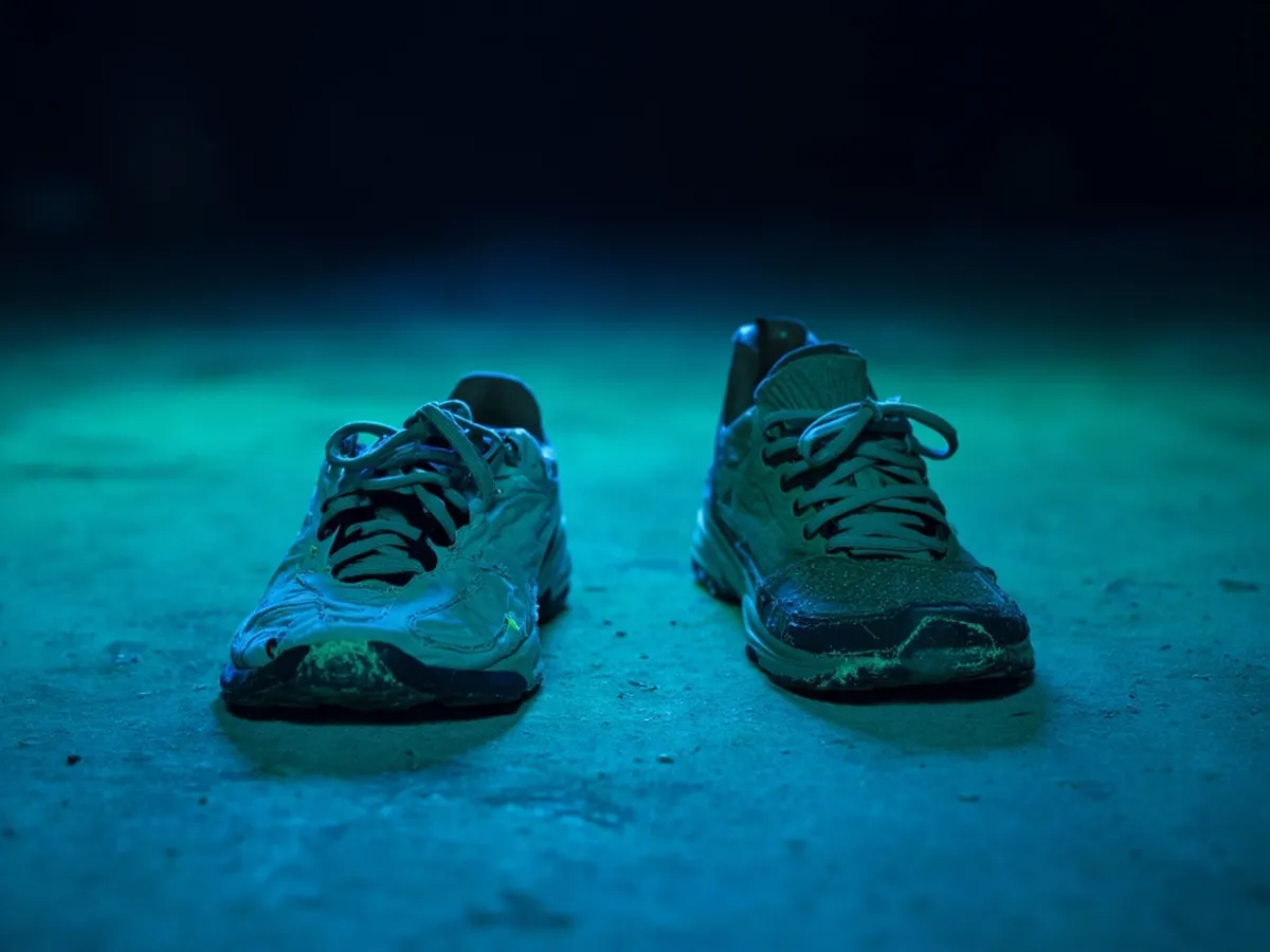 Two pairs of the same sneaker model: pristine deadstock pair and worn pair with creased toe box