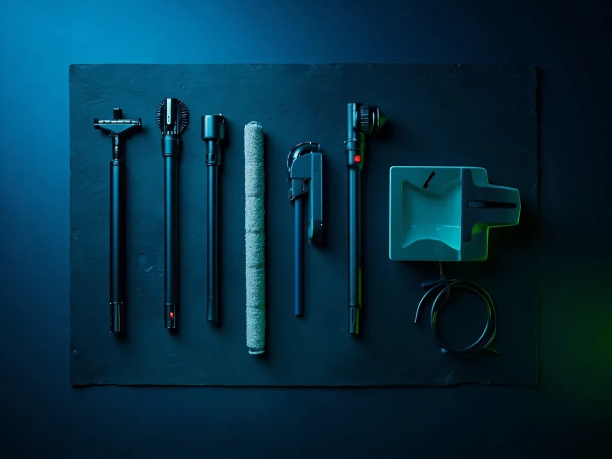 Vacuum attachments, dock and charger laid out