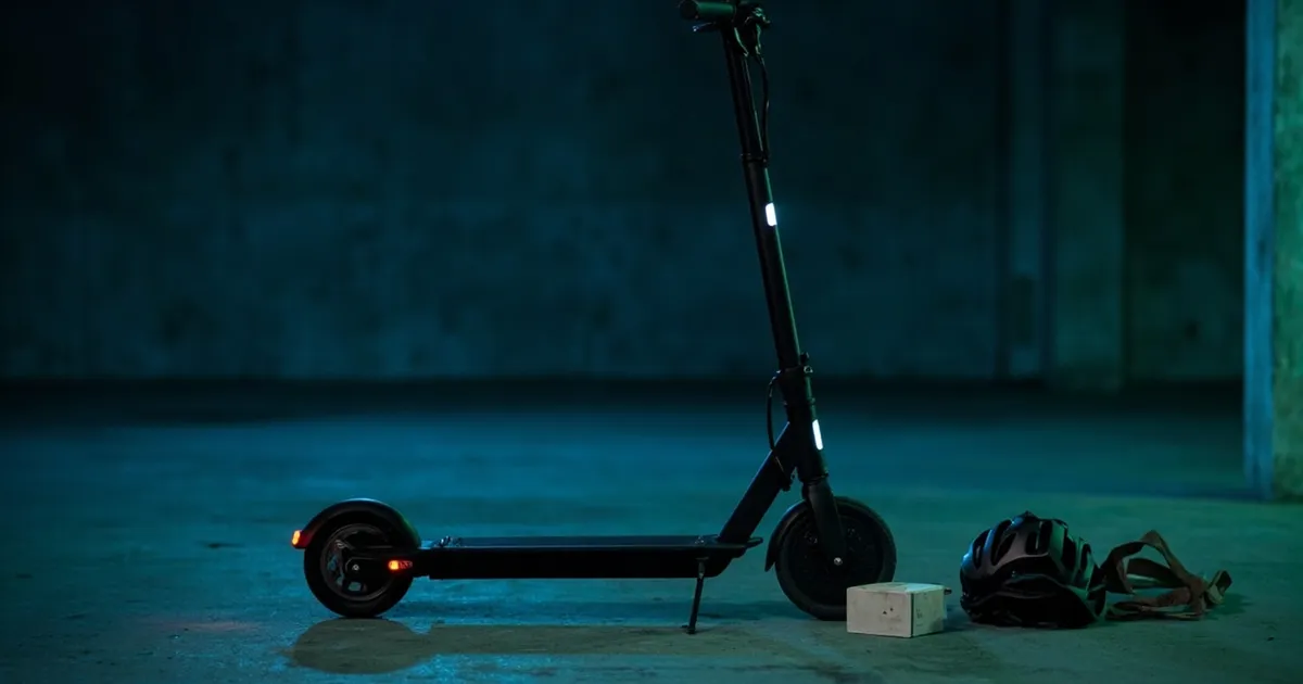 electric scooter with charger and helmet in a garage