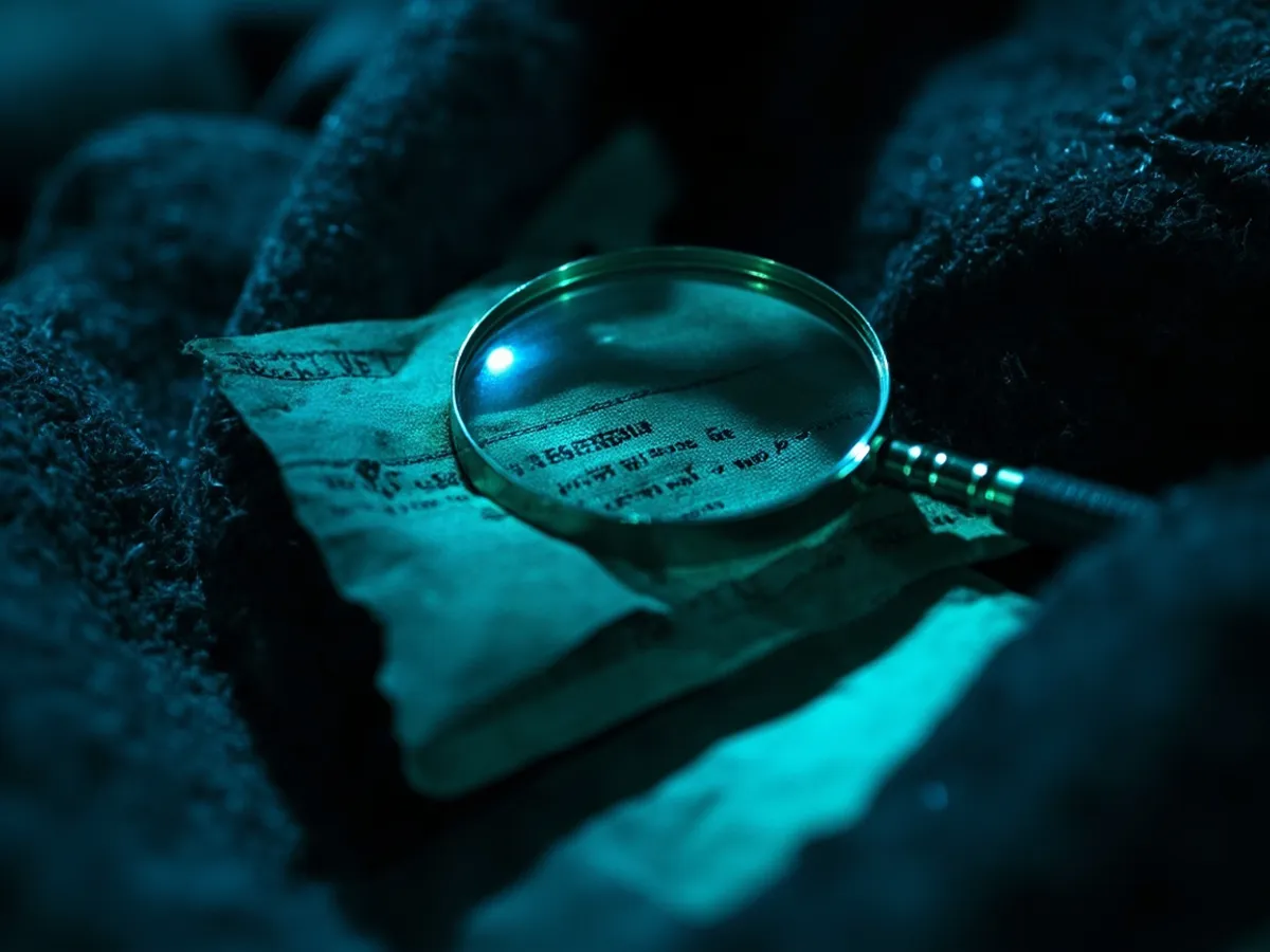 old garment label examined with a magnifying glass