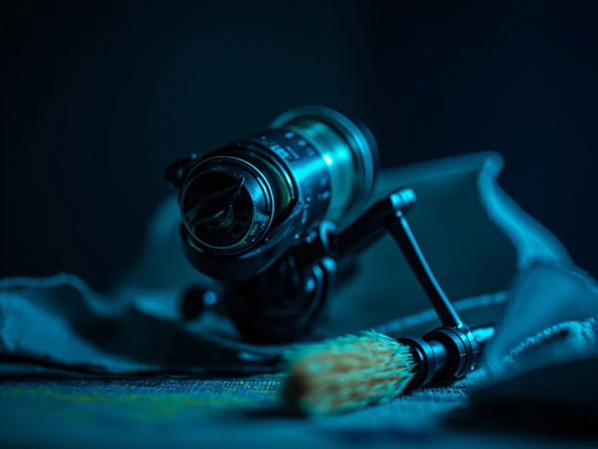 spinning reel with spool removed for cleaning on a workbench