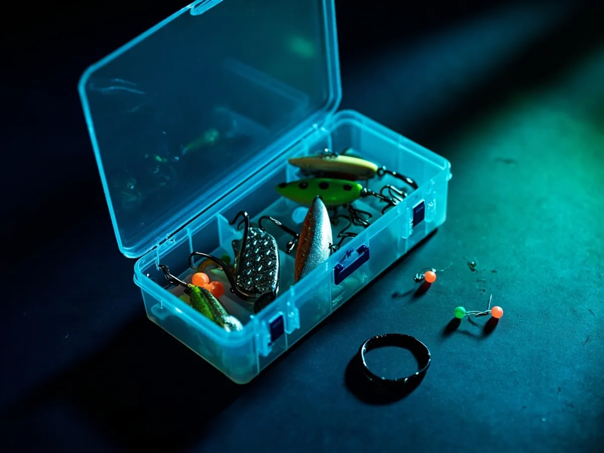 sorted fishing lures in compartment boxes with hooks covered