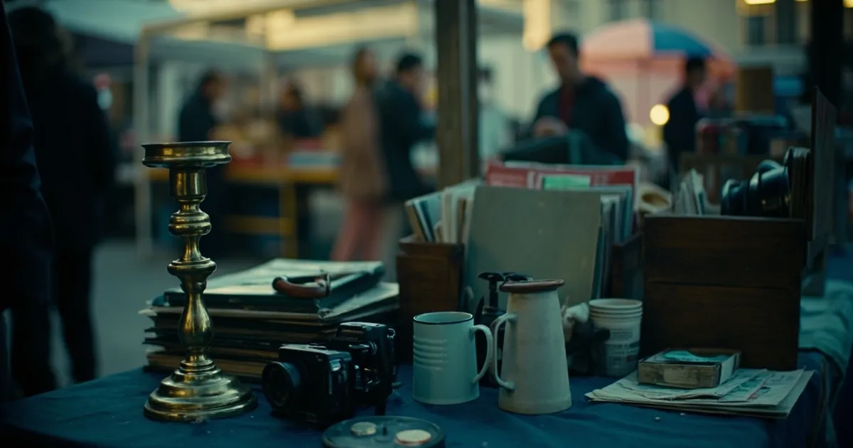 Flea market table with a brass candlestick, a film camera, enamel mugs and old books