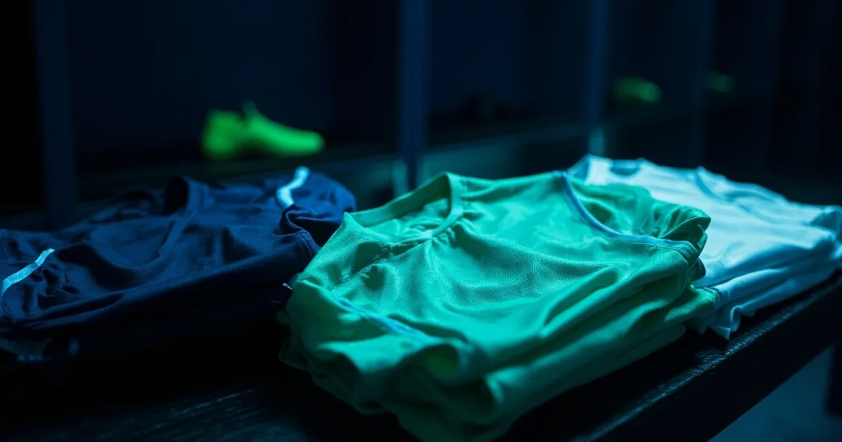 Three folded plain football shirts on a locker-room bench with boots in the background