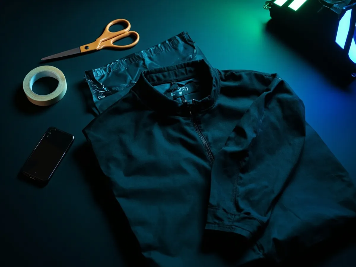 Poly mailer bag with hoodie being packed on a dark desk