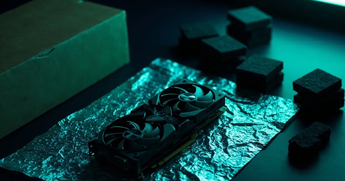 A dark two-fan graphics card on a silver antistatic sheet next to a cardboard box and foam blocks