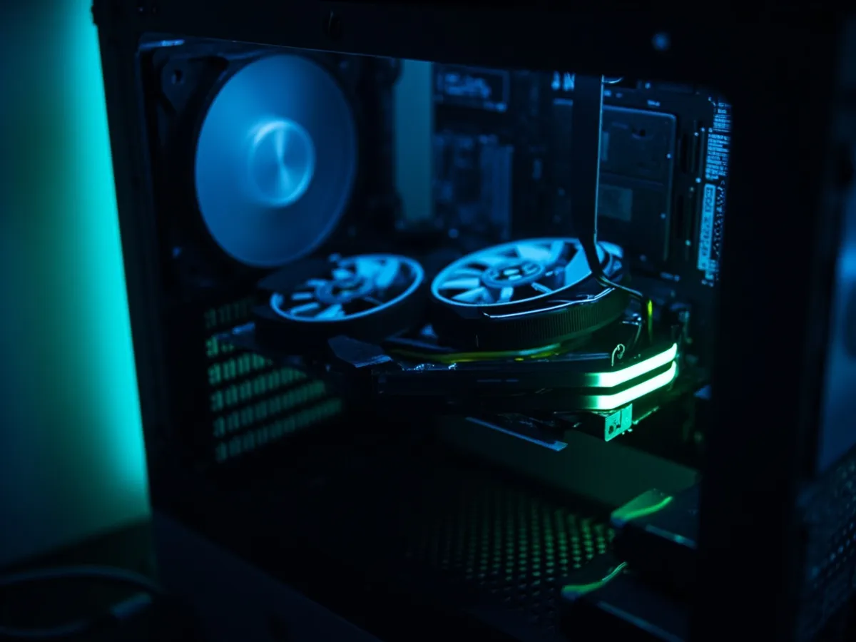 Graphics card installed and running in an open PC case with a thermometer probe nearby