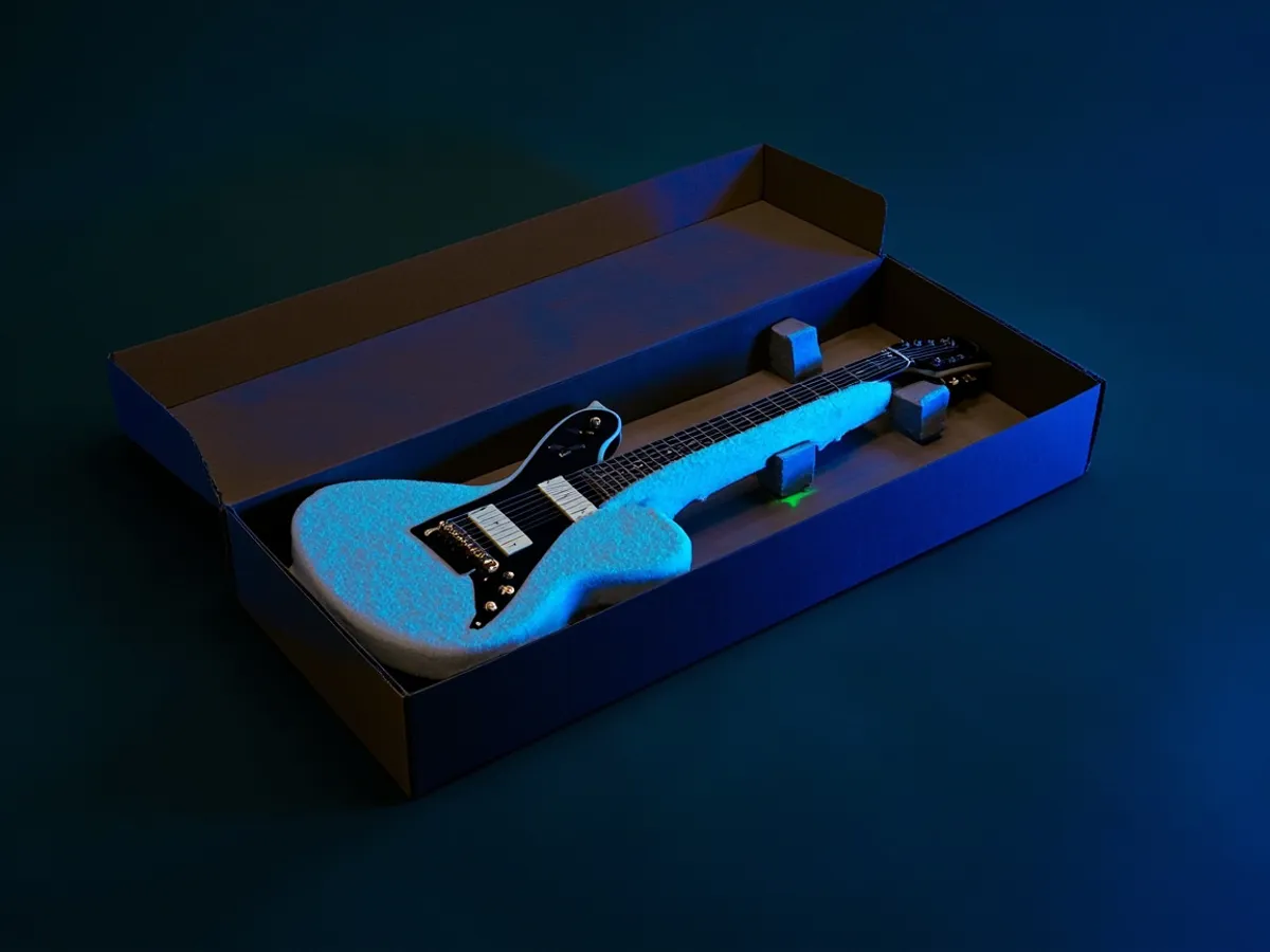 Guitar packed in a cardboard box with foam neck support and bubble wrap around the headstock