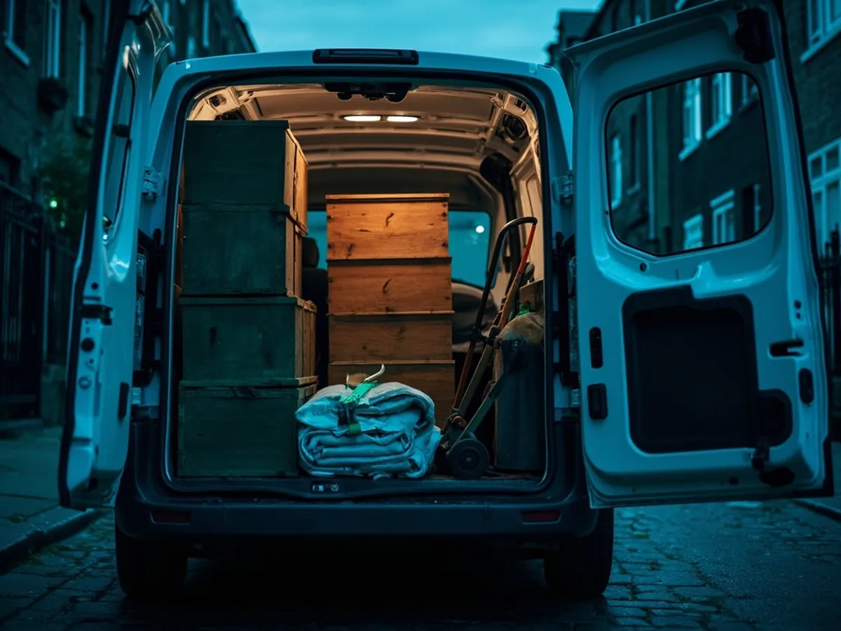 Van loaded with furniture from a house clearance, parked in a residential courtyard
