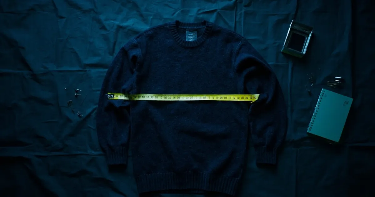 Navy wool sweater laid flat with a yellow tape measure stretched across the chest