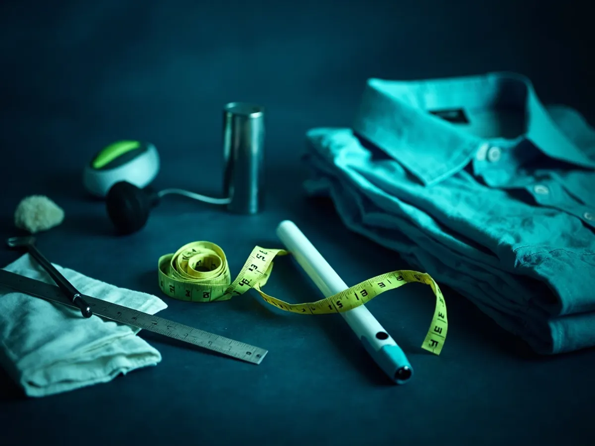 Measuring tools next to a folded shirt