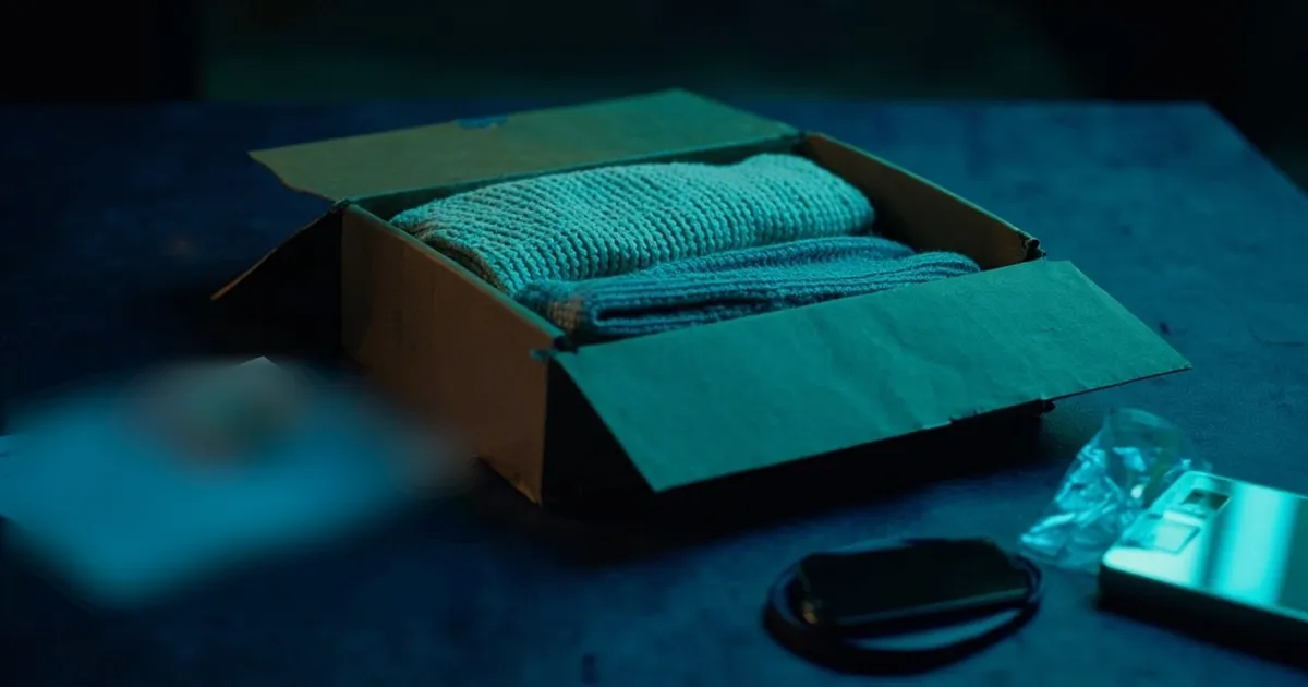 A folded knitted sweater being packed into a cardboard mailer with packing tape and a kitchen scale beside it