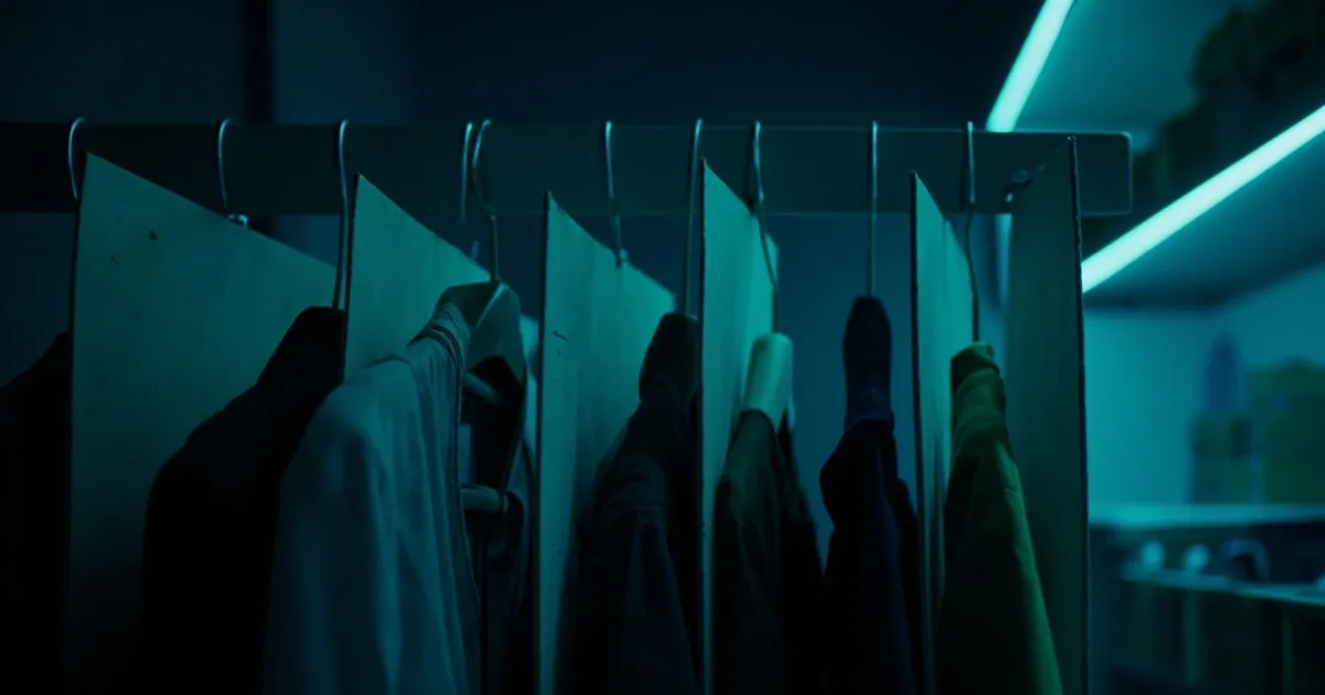 Clothing rail split into four sections with cardboard dividers, rightmost section dimmer