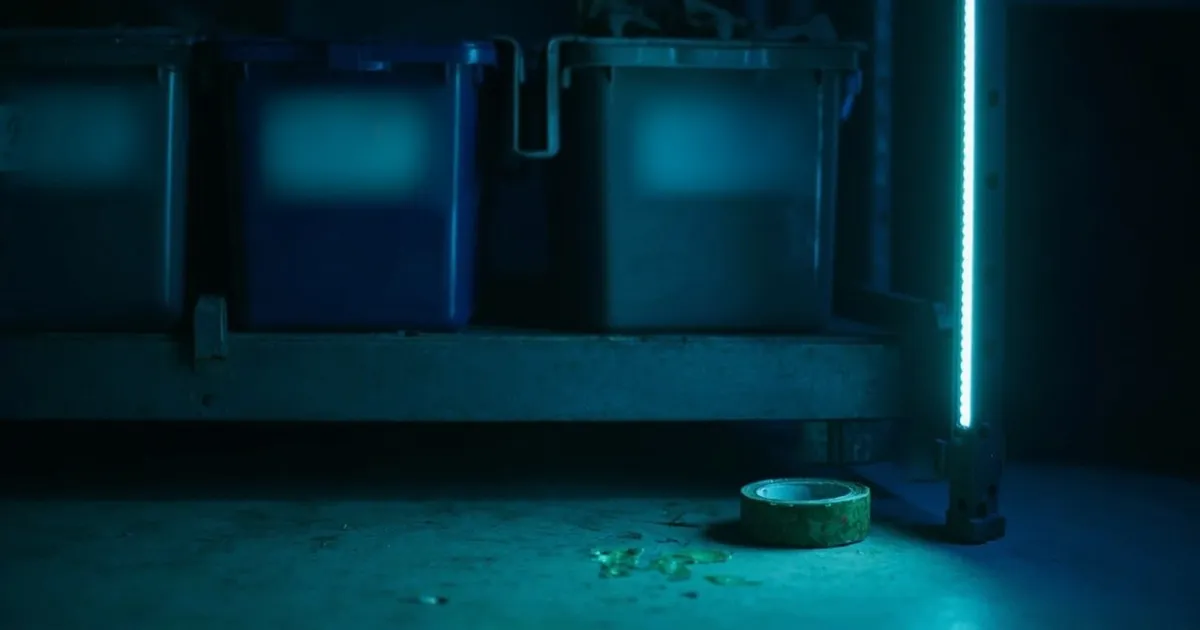 A row of labelled storage bins on a metal shelf with one bin empty and slightly pulled out, a torn piece of packing tape on the floor