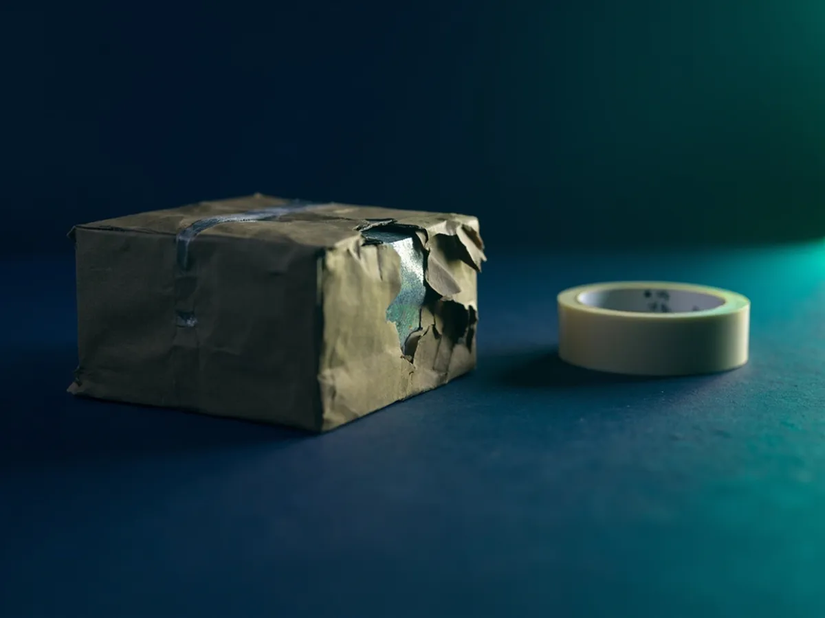 A slightly crushed cardboard parcel with a dented corner on a dark table next to a roll of packing tape