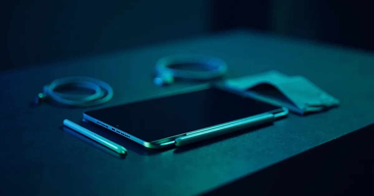 used tablet with stylus and keyboard cover on a dark desk