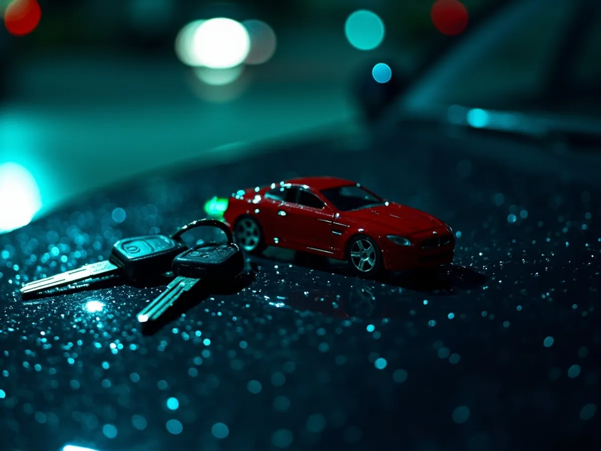 Car keys and a toy car on a wet bonnet