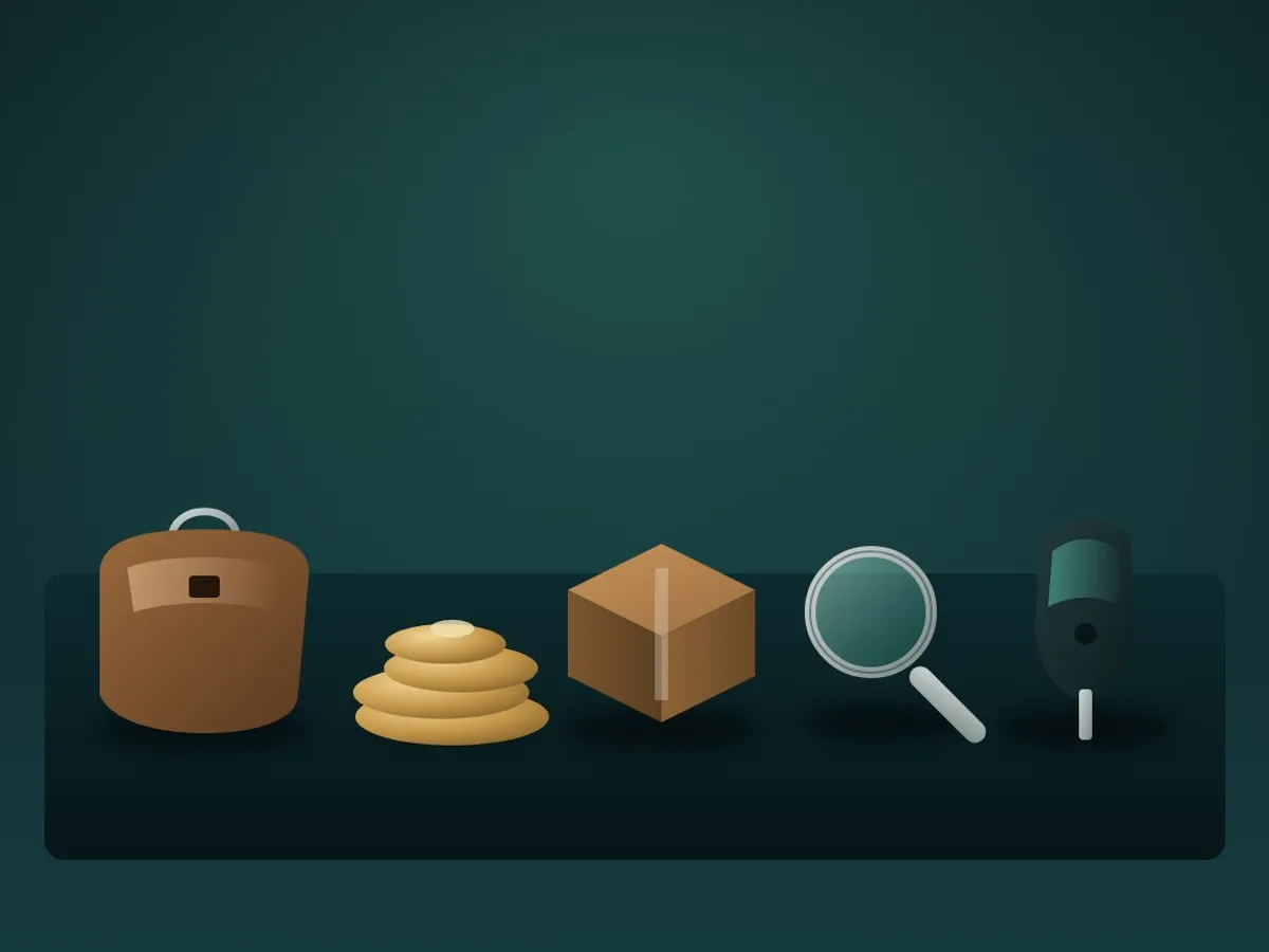 A handbag, coins, a parcel box, a loupe and a car key lined up on a dark table