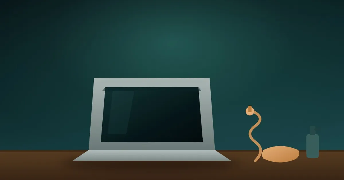 An open laptop with a dark screen, its power adapter and a cleaning cloth staged for a resale photo