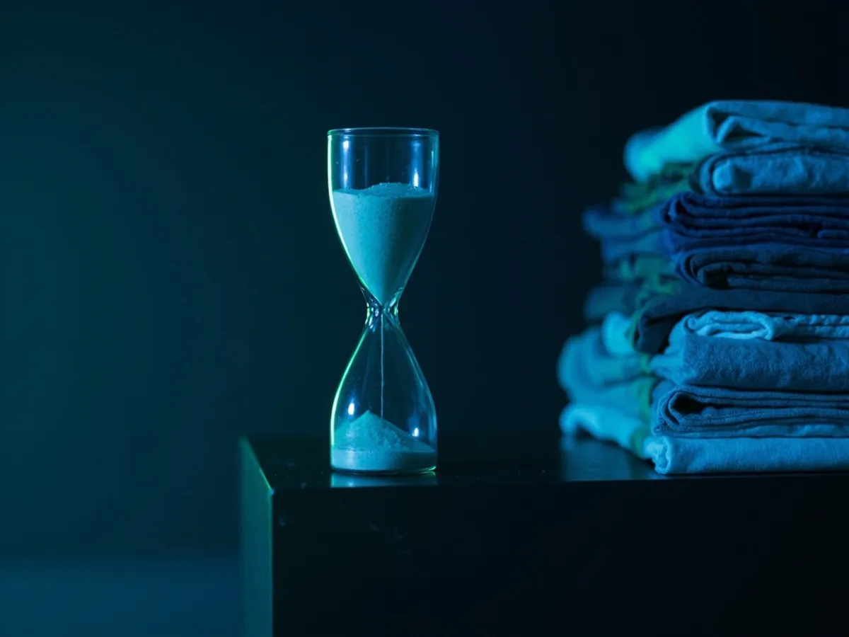 Hourglass next to folded clothes
