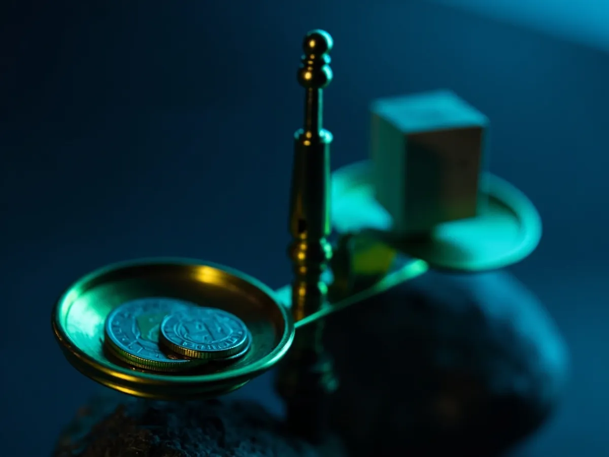 Brass balance scale with coins on one pan and a cardboard box on the other