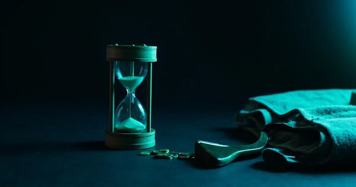 A wooden hourglass with falling sand beside a folded coat and a small pile of coins