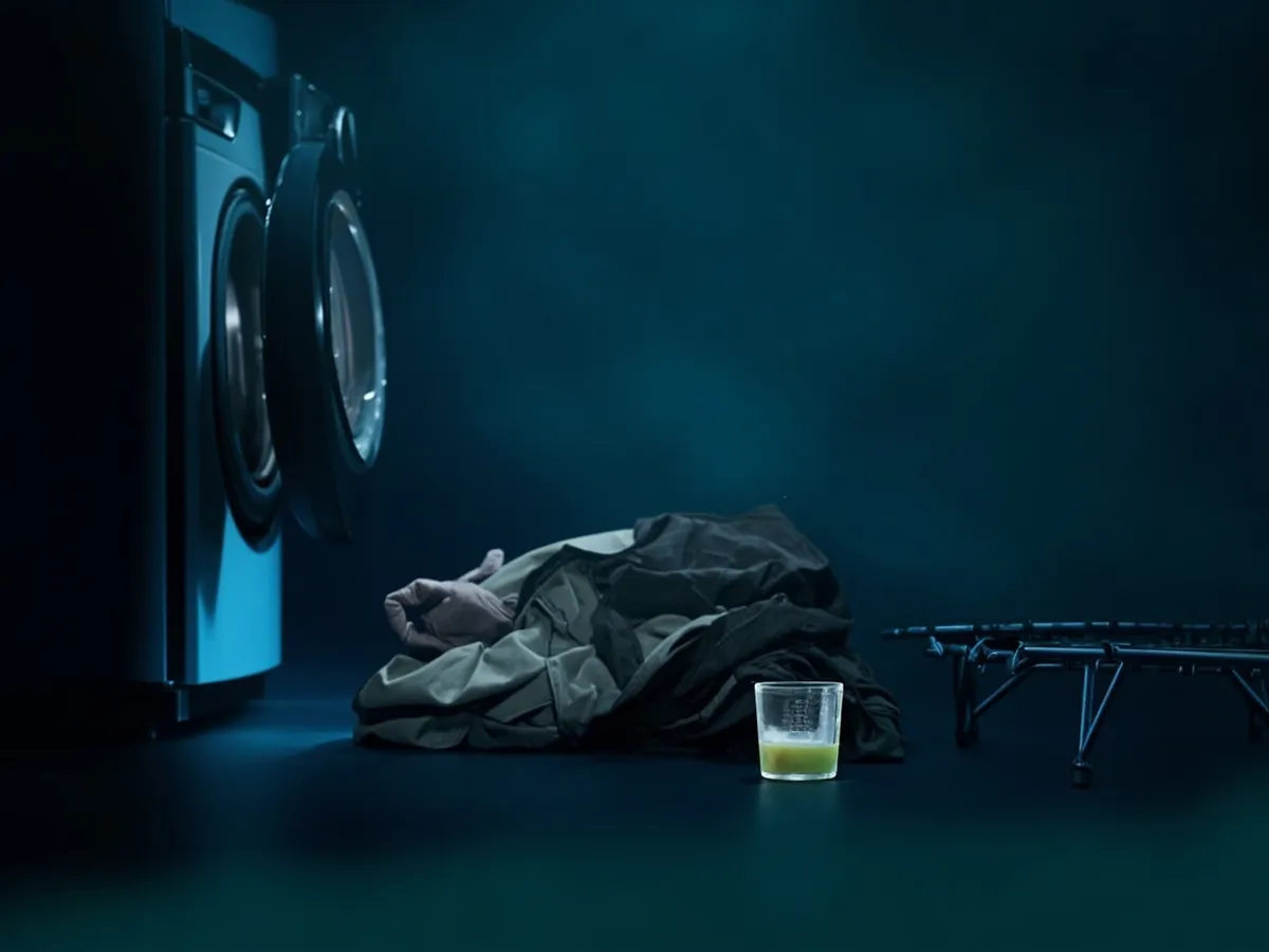 Folded technical jacket next to a washing machine and a cup of liquid detergent