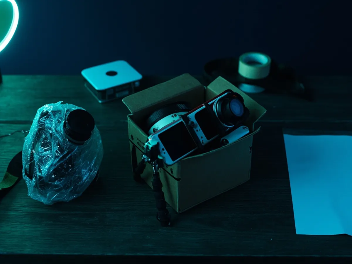 A phone on a small tripod photographing a wrapped camera inside a box before sealing