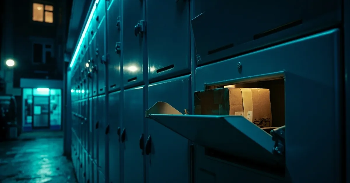 A bank of metal parcel locker doors at night with one small door open showing a taped cardboard parcel