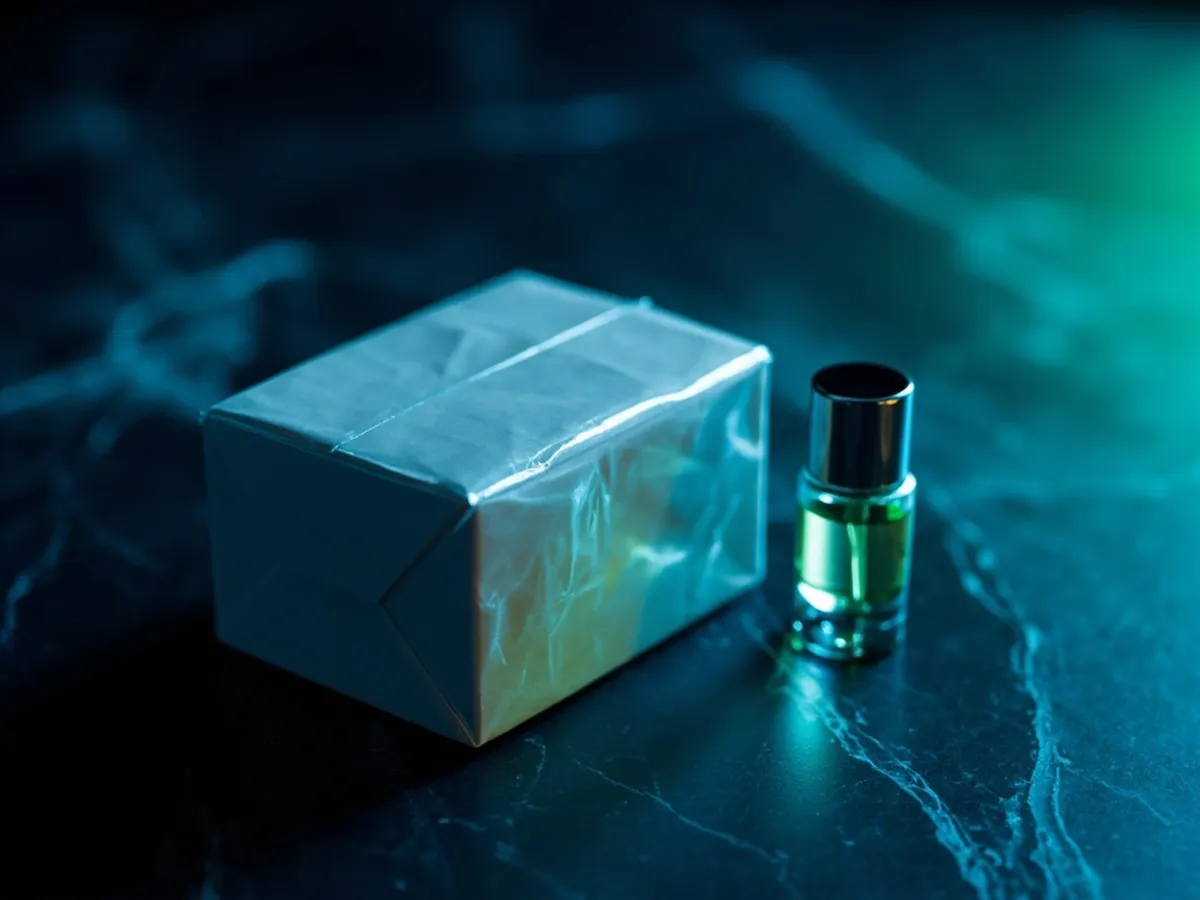 A cellophane-sealed perfume box next to a small glass decant vial