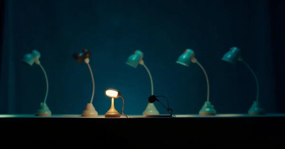 Jedna zapalona vintage'owa lampa wśród kilku nieświecących na ciemnym stole