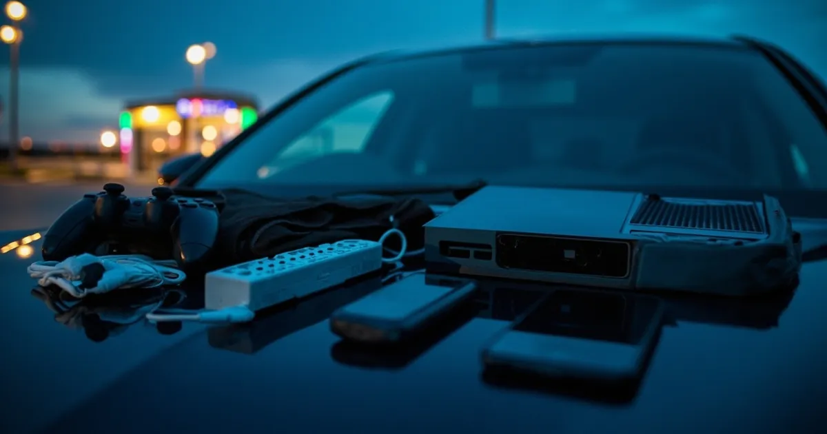 Używana elektronika na masce samochodu na parkingu supermarketu o zmierzchu