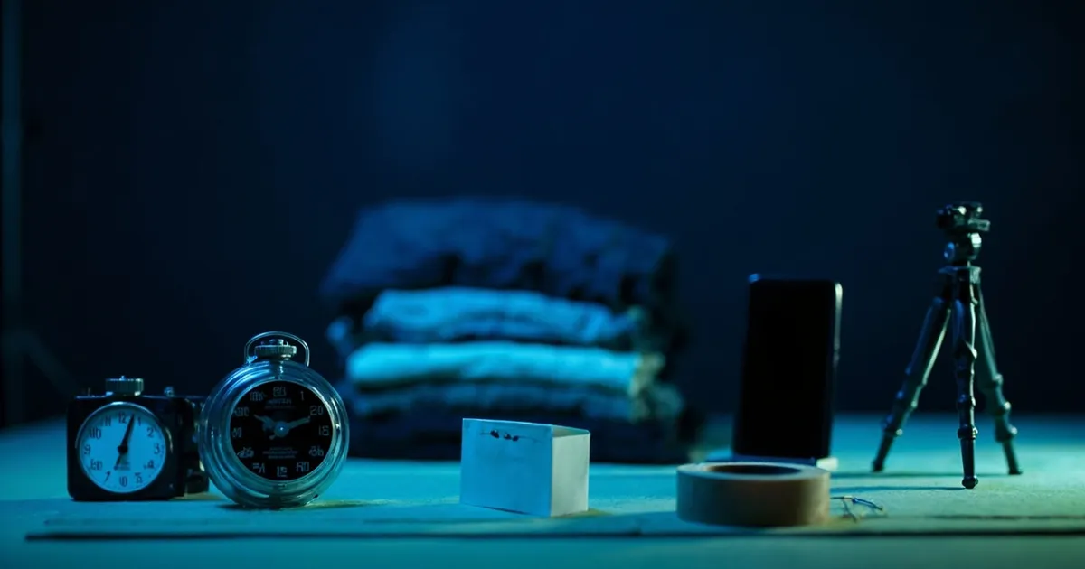 kuchenny timer obok złożonych ubrań i smartfona na statywie w domowym biurze odsprzedawcy